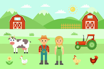 Obraz premium A colorful farm scene with people animals and buildings