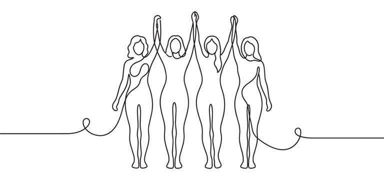 Four women standing together with raised arms, drawn in a continuous single line art style, symbolizing unity and strength