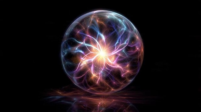 Dynamic plasma sphere pulsating with vibrant electrical energy, an abstract representation of raw power and scientific marvel