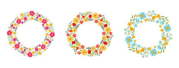 Collection of colorful floral wreaths isolated on white background.Set of floral chaplets in flat style.Design for seasonal decorations, greeting cards, invitations, social media.Vector illustration.  © Anna