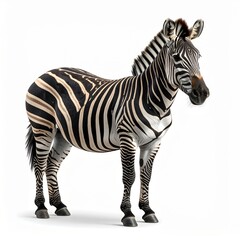 Fototapeta premium Full body studio portrait of a plains zebra standing in an alert pose against a white background, featuring detailed black and white stripe patterns, upright mane, and sharp gaze.