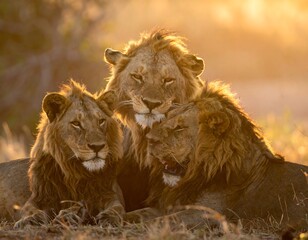 Obraz premium Two male lions relaxing in savannah.