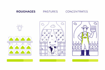 Illustration depicting different types of cattle feed roughages pastures concentrates © Lelin