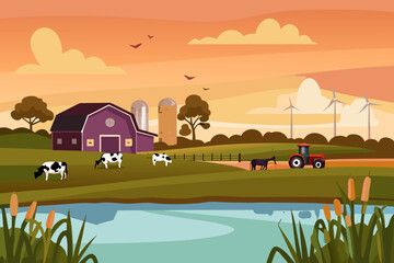A peaceful countryside farm scene with barn cows and wind turbines © Lelin