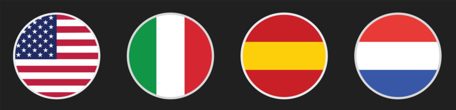 Four Country Flags Round Icons USA Italy Spain Netherlands, World Nation Symbols Circle Flag Buttons Flat Design on Black Backgroun for modern UI, web and app design