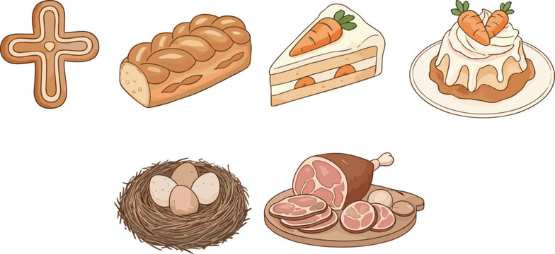 Easter food collection with bread carrot cake eggs nest and ham meat vector illustration set isolated on white background