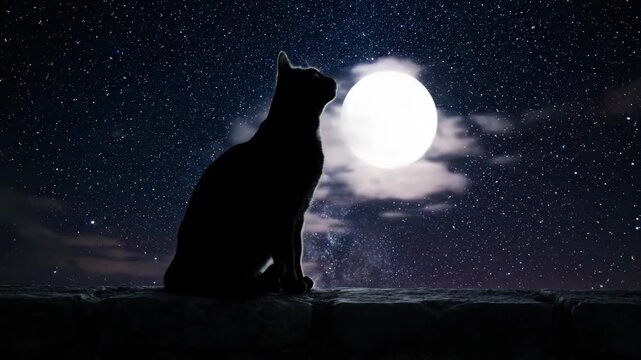 Silhouette of cat sitting, watching full moon against starry sky at night.