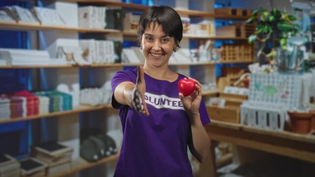 Woman volunteer in purple shirt offers right hand for handshake while holding a red heart stress ball amid shelves of donated goods in a shop building; welcoming kindness.