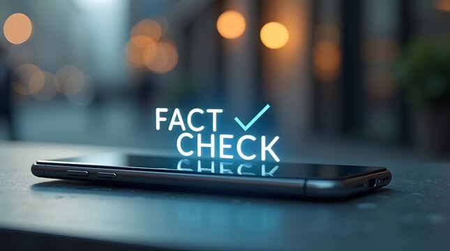 Smartphone on Urban Surface with Glowing Text Reading Fact Check in Evening Light
