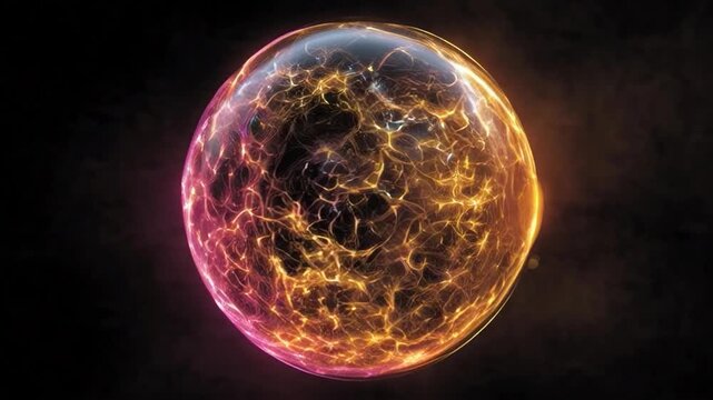 Vibrant abstract cosmic sphere pulsating with fiery energy, a luminous digital art representation of quantum forces and stellar dynamics creating an otherworldly glow