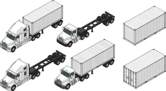 Isometric semi truck and trailer vector illustration set with cargo containers, chassis trailers, and heavy duty white transport vehicles