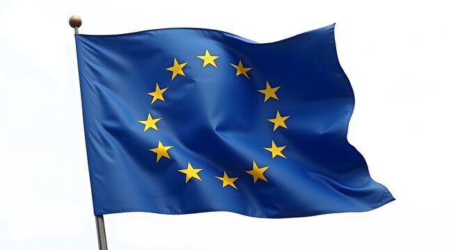 European Union Flag with Blue Background and Golden Stars Waving in the Wind