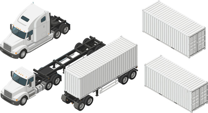 Isometric white semi truck with trailer chassis and metal cargo containers for freight transport, logistics, and global shipping industry