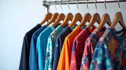 Obraz premium Colorful Collection of Casual Shirts on Wooden Hangers in a Bright Atmosphere