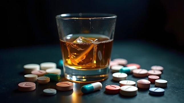 Glass of Amber Whiskey with Ice Cubes Surrounded by Assorted Colorful Pills on Dark Table