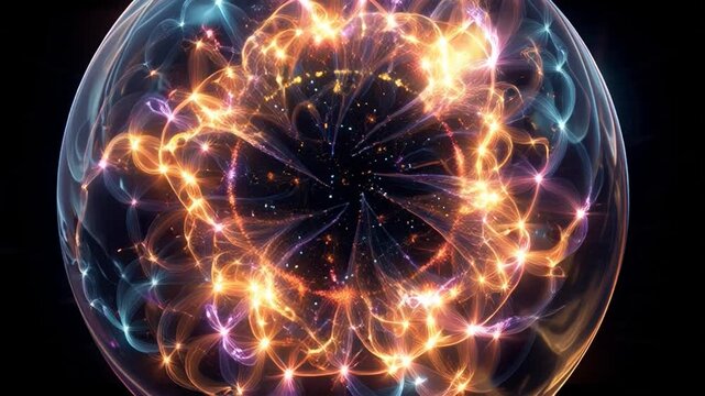 Abstract luminous sphere with intricate interconnected light patterns, symbolizing advanced technology, data flow, and cosmic energy within a futuristic design