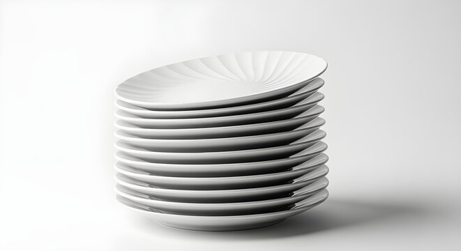 A stack of clean white ceramic plates and empty porcelain bowls forms a neat pile of dishware isolated on a restaurant table
