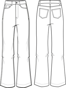 Women Boot Cut Flare denim jeans trouser pants front and back view flat sketch fashion illustration, Oversize Boot cut five pockets jeans denim pants cad drawing vector template