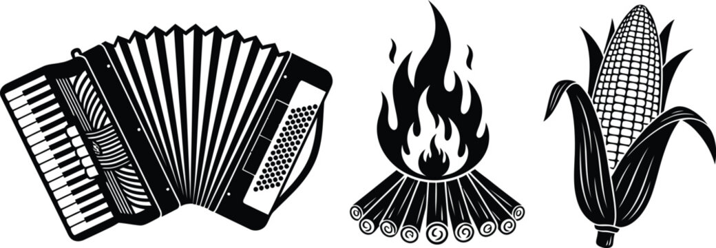 Accordion musical instrument, campfire with logs, and a corn on the cob