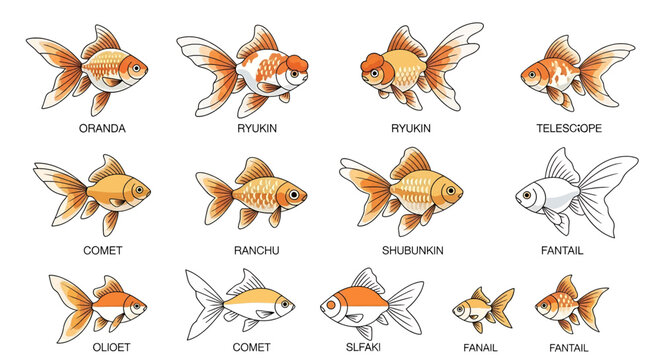 Variety of Goldfish Breeds with Distinctive Features and Names oranda ryukin telescope comet ranchu shubunkin