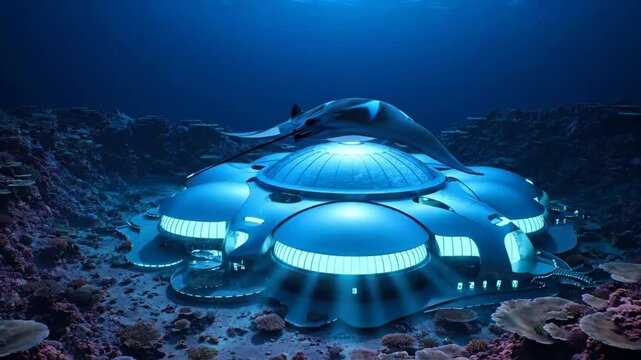 Underwater base with stingray. Futuristic architecture in the ocean. Blue lights illuminate the scene with coral reef.