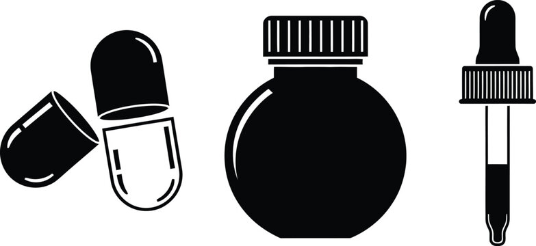 Medical capsule open empty bottle and dropper with liquid healthcare items
