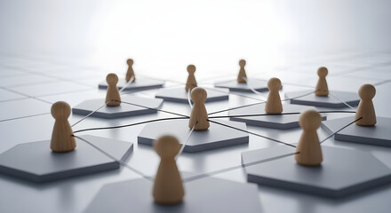 Obraz premium network connection concept with wooden pawns on hexagonal tiles