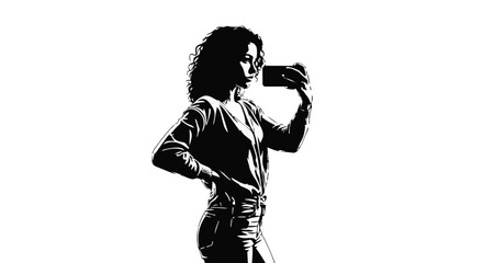 Obraz premium Silhouette of a young woman with curly hair taking a selfie with a smartphone