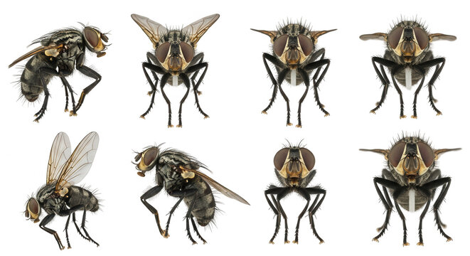 eight views of house fly insect posed with detailed macro close-ups on a white background for education and biology