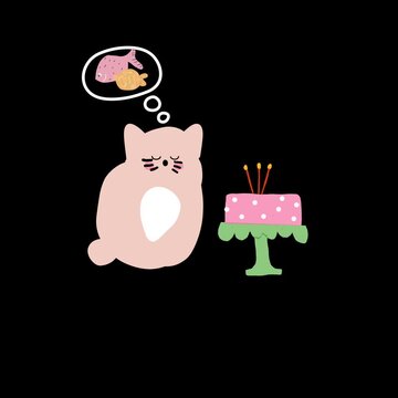 Animated cartoon cat dreams of fish next to birthday cake in cute playful illustration with celebration theme