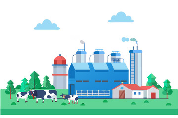 Naklejka premium Industrial complex with factory cows and a small house in landscape