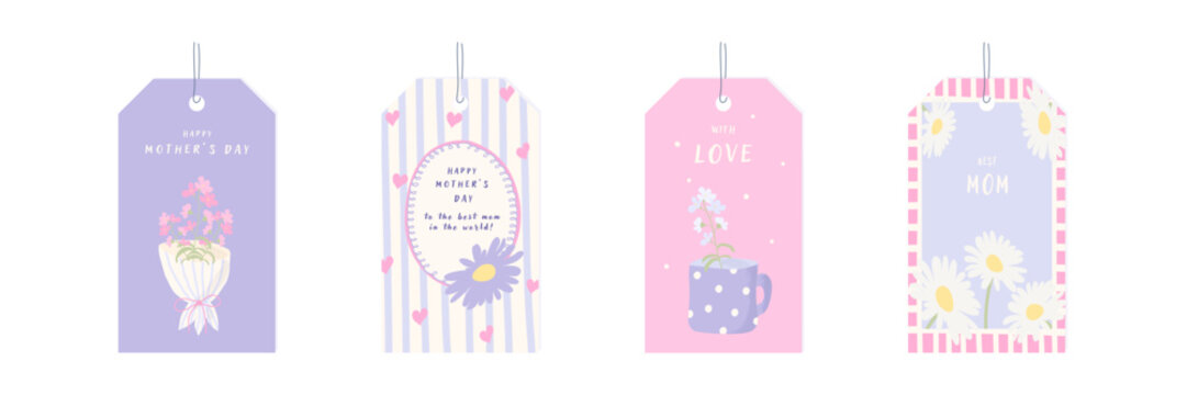 Cute Mother's Day gift tags collection, pastel floral design, printable labels for gift.