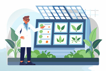 Naklejka premium Scientist presenting data from a greenhouse monitoring system with growing plants