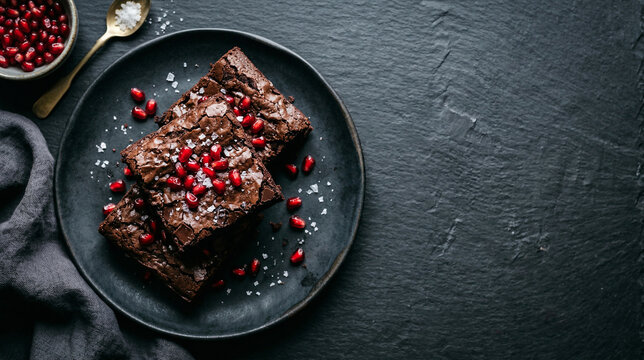 Fudgy dark chocolate brownies with pomegranate seeds and sea salt on dark slate background. Flat lay with copy space for text. Gourmet dessert, moody cinematic food photography