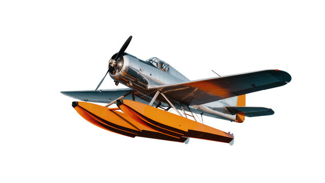 Silver seaplane with orange floats propeller and wings, isolated on transparent background
