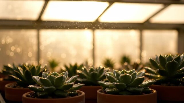 Succulent plants in pots under glass roof with warm sunlight, greenery background.