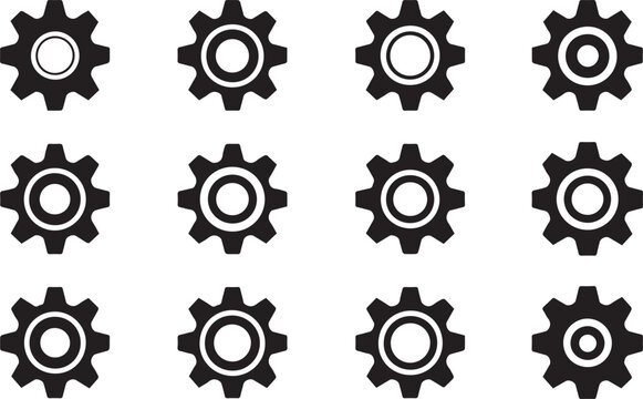 Set of black gear wheel icons for industrial design engineering and mechanical systems concepts on white background for manufacturing