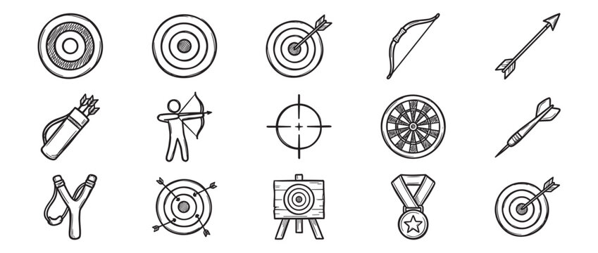Collection of hand-drawn archery and target practice icons, featuring bows, arrows, quivers, targets, and a medal, presented in a sketch art style