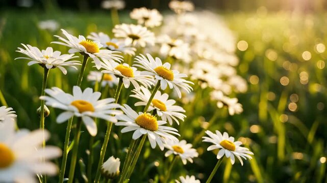 Radiant daisies in a sunny meadow white petals catching the golden light a peaceful summer scene