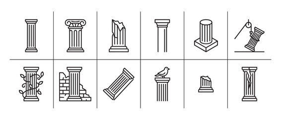 Fototapeta premium Collection of twelve black outline icons depicting various ancient Greek and Roman architectural columns