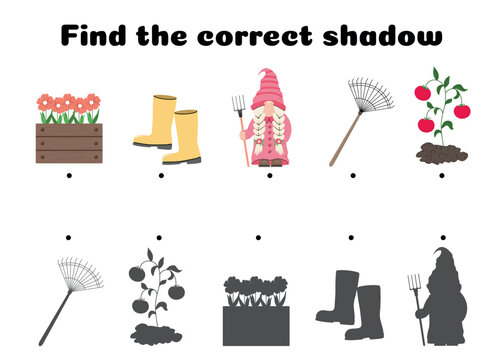 Find the correct shadow game worksheet with garden tools boots gnome rake flower box and tomato plant fun educational activity for kids learning shapes and object recognition