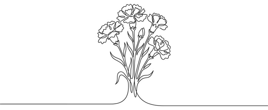 Continuous line drawing of a beautiful bouquet of carnation flowers with delicate petals and slender stems, rendered in a minimalist artistic style