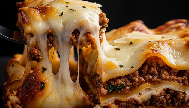 A delicious slice of lasagna with melted cheese being lifted by a fork