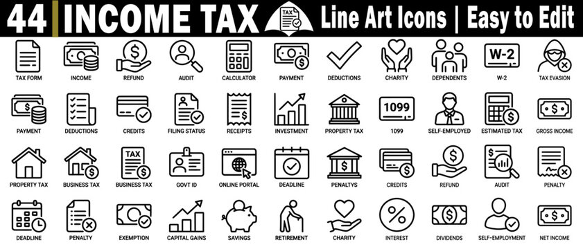 Income tax line art icons pack. Easy to edit, vector file. tax form, income, refund, audit, calculator, payment, deductions illustration.
