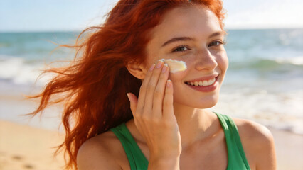 Fototapeta premium Woman Applying Sunscreen on Beach