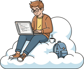 A cartoon man sitting on a cloud working on his laptop with a backpack and coffee © Talha
