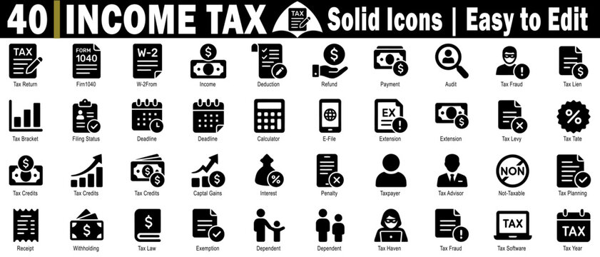 Income tax solid icons pack. Easy to edit, vector file. tax return, form 1040, W-2 form, income, deduction, refund, payment vector illustration.