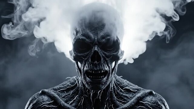 A highly detailed monster skull with smoke emerging from its head.