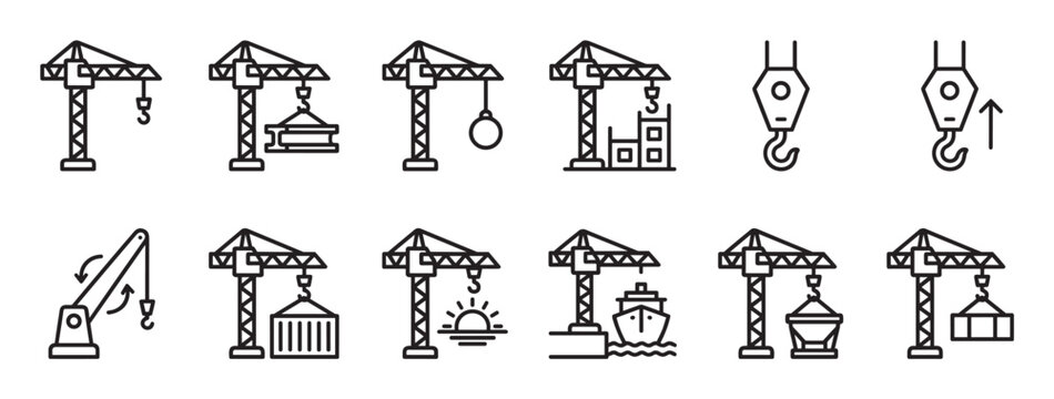 Collection of various black outline crane and hook icons illustrating construction, shipping, and industrial processes