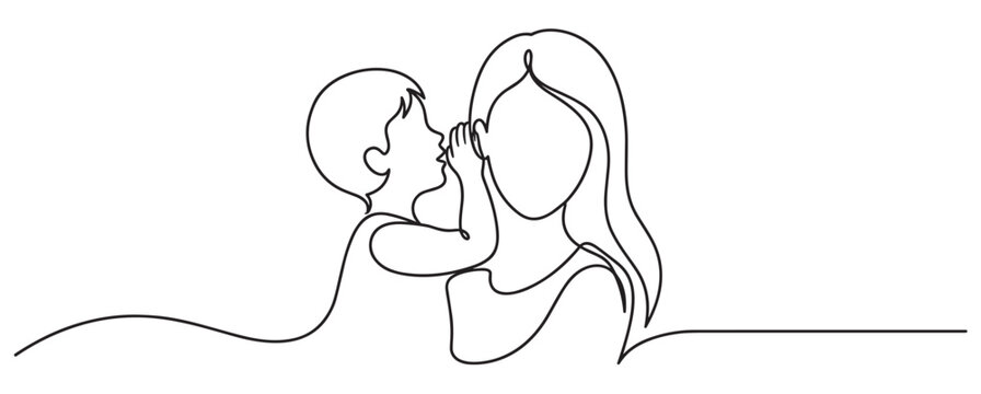 Continuous line drawing of a child whispering a secret into a woman's ear, depicting communication and trust